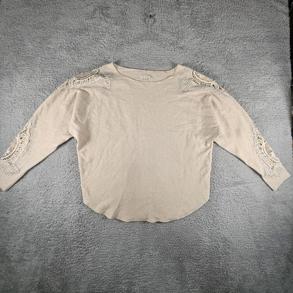 Vila Milano Sweater L Womens Beige Cold Shoulder Crochet Applique Embellished